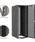 Rock Solid 52U Server Rack Cabinet Pre Assembled Network Setup Ready To Roll With Free Swivel Casters And No Sweat Assembly Heavy Duty Gear Hogging 3000 Lb Capacity Bright White Enclosure side door with lock and cable raceway visible.