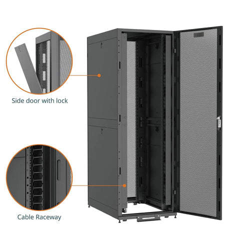 Rock Solid 52U Server Rack Cabinet Pre Assembled Network Setup Ready To Roll With Free Swivel Casters And No Sweat Assembly Heavy Duty Gear Hogging 3000 Lb Capacity Bright White Enclosure side door with lock and cable raceway visible.