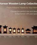 Handmade Korean Wood Lamp With Pagoda Design, Cozy Table Lantern For Bedroom And Living Room collection display on shelf
