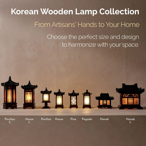 Handmade Korean Wood Lamp With Pagoda Design, Cozy Table Lantern For Bedroom And Living Room collection display on shelf