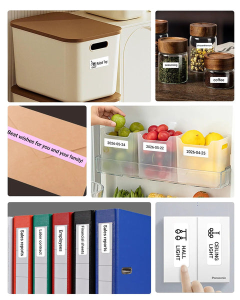 Image showcasing usage of X1 Portable Bluetooth Label Printer With Tape Pre Cut And Continuous Labels in home organization.