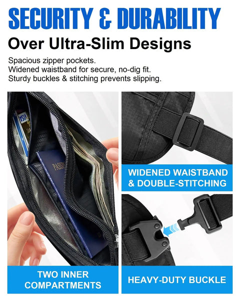 Open Travel Money Belt With RFID Blocking showing interior pockets, passport, and heavy-duty buckle