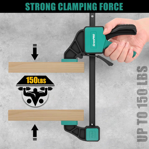 Hand using 8 Pack Bar Clamps For Woodworking Set With 12 Inch And 6 Inch Quick Change F Clamps 150 Lb Load Capacity Nylon Body