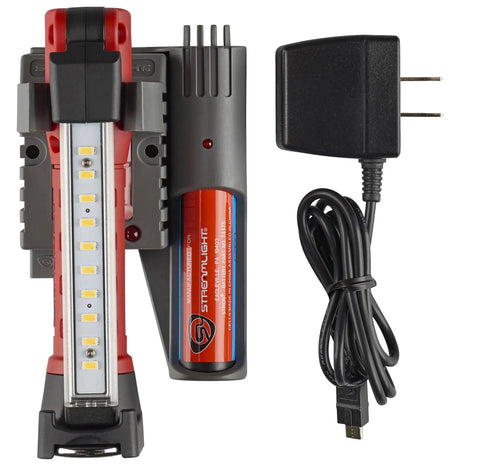 Strion Switchblade 500 Lumen Rechargeable Compact Multi Function LED Work Light With Color Rite Technology Five Light Modes UV Warm White Cool White On The Job Area Light And Bright White Work Light Plus AC Piggyback Charger Red shown with charger