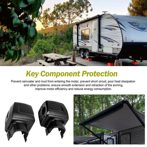 Right Arm Power RV Awning Cover And Motor End Cap Replacement Kit, Black, Easy Install shown with RV and outdoor setting