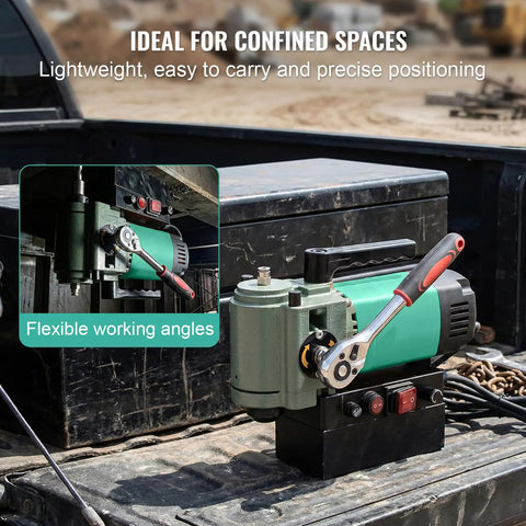 ZHIMAI 1450W Magnetic Drill Press with 1.4 Inch Boring Diameter ideal for confined spaces, featuring lightweight design and flexible angles.