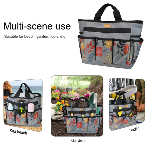 Floral Garden Tool Tote Organizer Bag With 8 Roomy Pockets, Durable 600D Oxford Exterior, Reinforced Bottom For Upright Stability