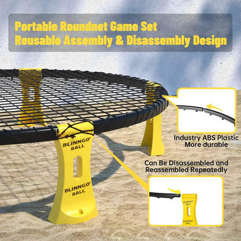 Close-up of Easy Setup Roundnet Game Set With Patented Net Includes Two Balls For Beach, Lawn, Or Backyard Fun Durable Elastic Net.