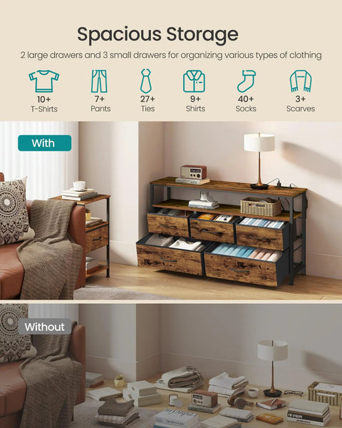 App Controlled Led Dresser With Charging Station And Five Drawer Chest Tv Stand Industrial Rustic Brown Ink Black Bedroom Furniture For Your Major Bedroom Glow Up showing spacious storage and organization.