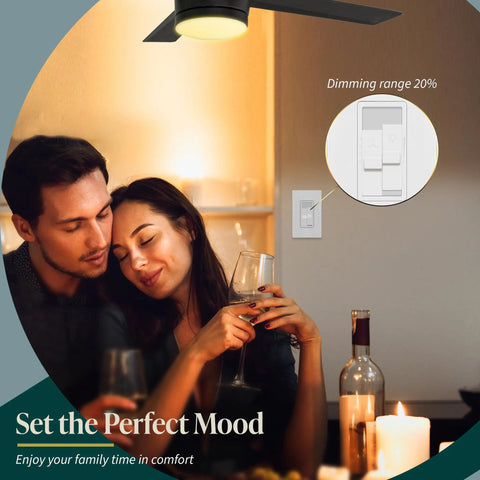 Couple enjoying ambiance with Combo Dimmer Switch With 3 Speed Fan Control And Light, Single Pole Wall Switch in living room.