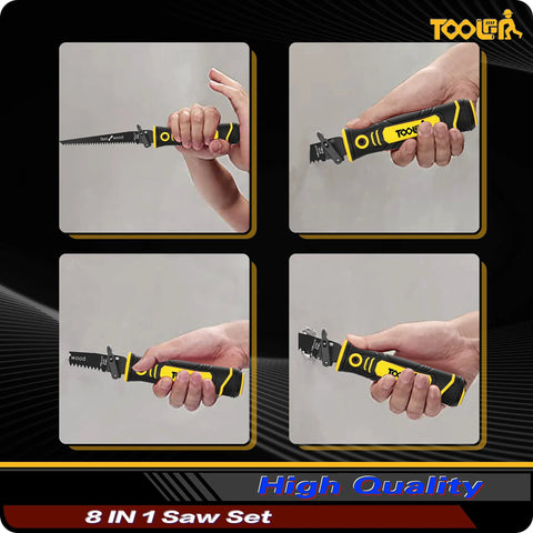 TOOLAN 8-in-1 multi-blade hand saw with yellow/black handle and quick-change blades for drywall and wood