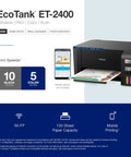 EcoTank ET 2400 Wireless Color All In One Cartridge Free Supertank Printer shown with mobile device for home office use.