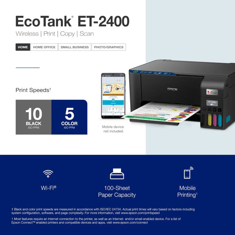 EcoTank ET 2400 Wireless Color All In One Cartridge Free Supertank Printer shown with mobile device for home office use.