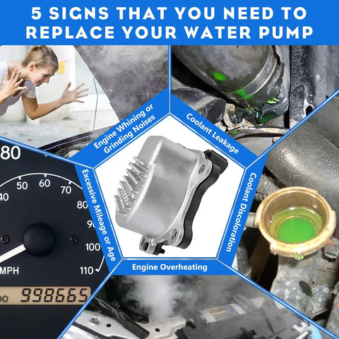5 signs to replace your water pump, showing engine overheating and coolant issues with a Rock Solid Plug And Play Electric Water Pump.