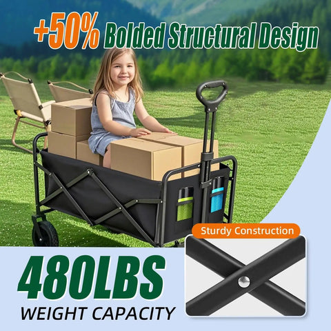 Heavy Duty Collapsible Wagon Cart Foldable 37 Inch Long Frame With 480 Lb Capacity For Grocery Camping Beach Shopping Fishing Garden Wheels Ideal For Everyday Use And Outdoor Projects On The Go with child inside on grass