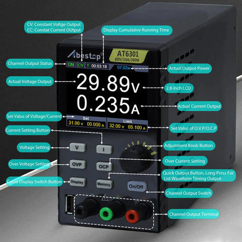 Front view of Beast 60V 10A Variable DC Power Supply With 300W Output showing 2.8-inch display and control buttons.