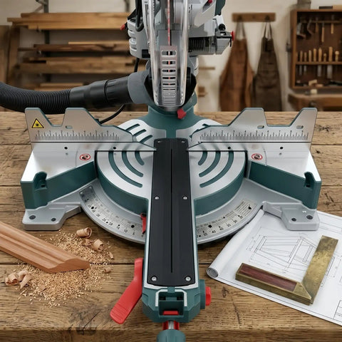 Zero Clearance Insert Plate for 12 Inch Miter Saw on woodworking table, enhancing cleaner precision cuts