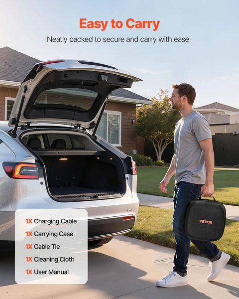 No Sweat Tesla Nacs Extension Cord 48 Amp 21 Foot Heavy Duty Ev Charger Cable for Level 1 2 Charging with carrying case in trunk.