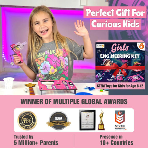 Girl using Over 100 STEM Projects Kit For Girls Ages 8 To 12 Mini Engineering Set for DIY science experiments.