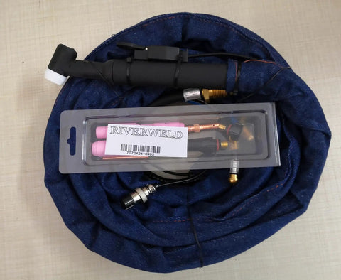 Water Cooled 350 Amp TIG Welding Torch Kit With Beefy Head And Flexible Gas Valve 25 Foot Cable System displayed in packaging.