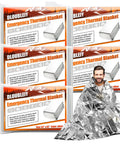5 Pack Emergency Thermal Blankets Heavy Duty Mylar Space Blanket with person wrapped in reflective material, packaging shown