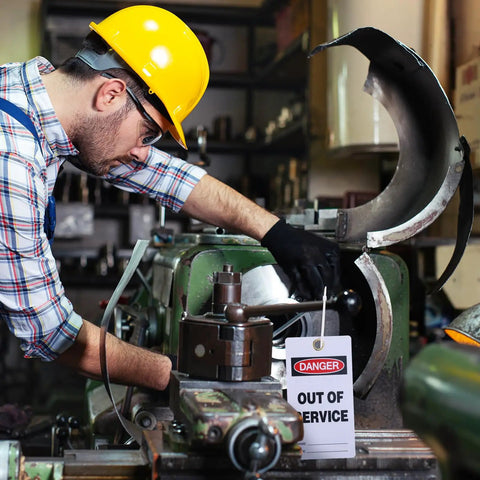 No Sweat Bulk 50 Pack Danger Out Of Service Tags For Industrial Facilities With Double Sided Bold Print and White Cable Zip Ties Plus Marker Pen For Fast Lockout Safety Procedures on machinery.