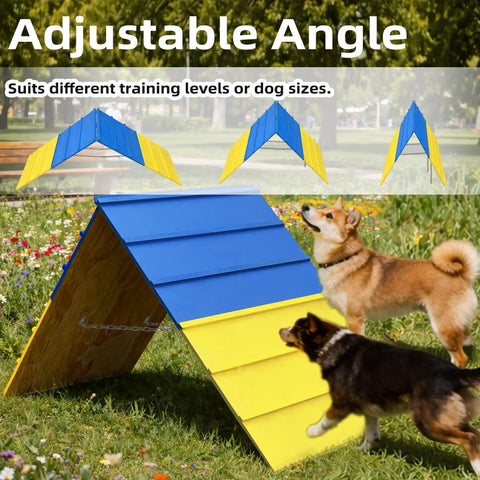 Dog Agility A Frame For Large Dogs 82 By 23 Inches Adjustable Foldable Training Ramp in use outdoors with dogs.