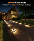 8 Pack Solar Deck Lights Outdoor Waterproof LED Dusk To Dawn For Backyard Garden Pathway Walkway Patio And Sidewalk 12 LED Solar Dock Lights Marine Grade Warm White illuminating a walkway at night, showcasing warm white glow