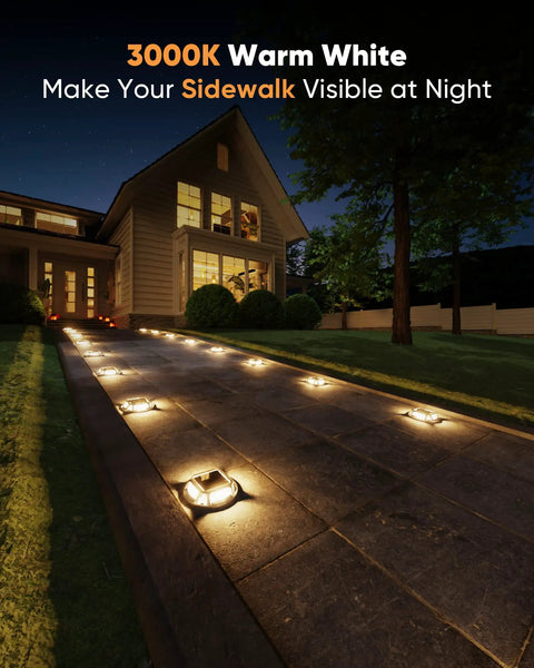 Solar Dock Lights Outdoor 12 Pack 12 LED No Fuss Dusk To Dawn Driveway Lights Waterproof IP68 3000K Warm White illuminating sidewalk