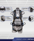 Front view of Built Tough Fall Protection Harness With Five Point System Chest And Leg Straps Aluminum D Rings