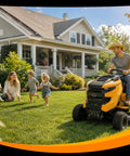 Man mowing lawn with tractor using Beefed-Up Steel Gear Starter Replacement 14-Tooth Plug And Play For 12 12.5 13 14 15.5 16 16.5 17 17.5 18 18.5 19.5 HP Lawn Tractors And Mowers OE-Standard Gear Set Compatible With Common 14-Tooth Starters