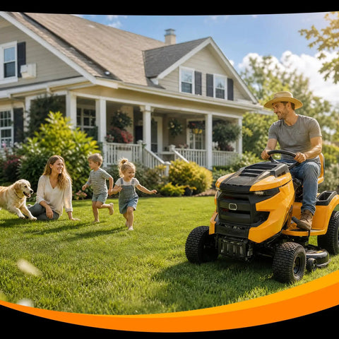 Man mowing lawn with tractor using Beefed-Up Steel Gear Starter Replacement 14-Tooth Plug And Play For 12 12.5 13 14 15.5 16 16.5 17 17.5 18 18.5 19.5 HP Lawn Tractors And Mowers OE-Standard Gear Set Compatible With Common 14-Tooth Starters