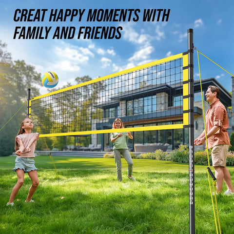 All In One Outdoor Volleyball Net Set For Backyard And Beach Fun, 32ft Regulation Size with adjustable height poles, in use