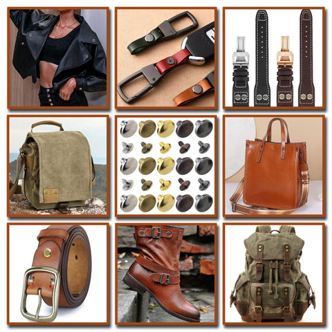 30 Set Antique Copper Chicago Screws And Leather Rivets Metal Studs For Shoes Belts Bags Purses With Heavy Duty Zinc Alloy Fasteners And Pro Install Tools For Sick Custom Gear Upgrades displayed on leather and fabric accessories.
