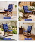 All Weather Memory Foam Rocking Chair Cushion Set Navy Blue With High Back Design Waterproof And Fade Resistant Indoor Outdoor Rocking Chair Pads With Ties For Cozy Comfort Fits Most Chairs 23 By 44 Inches shown in various settings on wooden rocking chairs indoors, garden, patio, and porch.