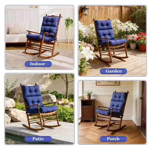 All Weather Memory Foam Rocking Chair Cushion Set Navy Blue With High Back Design Waterproof And Fade Resistant Indoor Outdoor Rocking Chair Pads With Ties For Cozy Comfort Fits Most Chairs 23 By 44 Inches shown in various settings on wooden rocking chairs indoors, garden, patio, and porch.