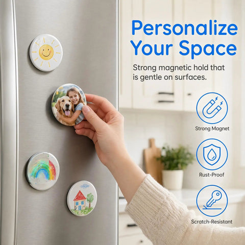 Hand placing custom 58mm fridge magnet from DIY kit on stainless steel refrigerator, featuring metal front and clear film.