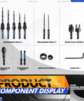 15 Piece Countersink Drill Bit Set With 2 Wood Plug Cutters 3/8 And 1/2 Inch, 2 Phillips Bits PH1 PH2, Depth Stop Rings 3/8 And 1/2, Extension Bit Shaft, Allen Key, And 1/4 Inch Hex Shank Quick Change For Woodworking Pro Grade components displayed.