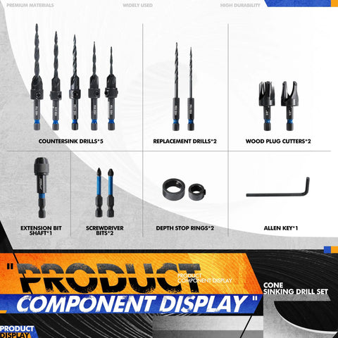 15 Piece Countersink Drill Bit Set With 2 Wood Plug Cutters 3/8 And 1/2 Inch, 2 Phillips Bits PH1 PH2, Depth Stop Rings 3/8 And 1/2, Extension Bit Shaft, Allen Key, And 1/4 Inch Hex Shank Quick Change For Woodworking Pro Grade components displayed.