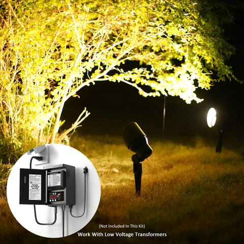Low Voltage Landscape Spotlight Kit With 20W Halogen Bulbs 12V AC Outdoor Black Lights illuminating garden path