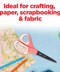 Precision Ultra Edge 8 Inch Non-Stick Scissors with pink molded handles on crafting paper and supplies