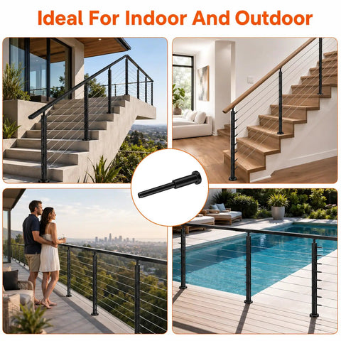 Kickass 20 Piece Hella Durable 1/8 Inch Black T316 Stainless Steel Invisible Cable Railing Kit With Tight Hidden Brackets for modern stairway and patio railings.