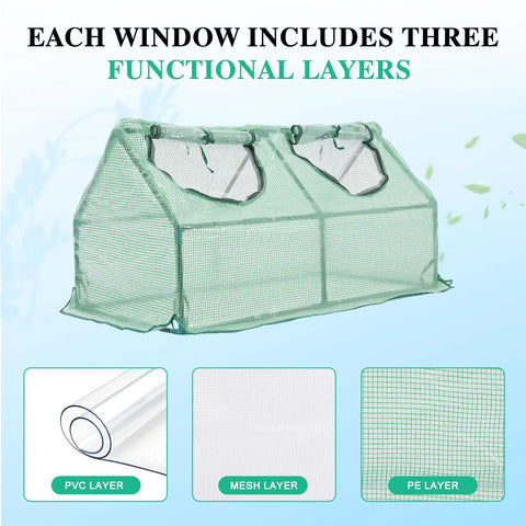 Six By Three Foot Mini Greenhouse Kit with All Season 3 In 1 Design, showing triple-layer window for insulation and shade