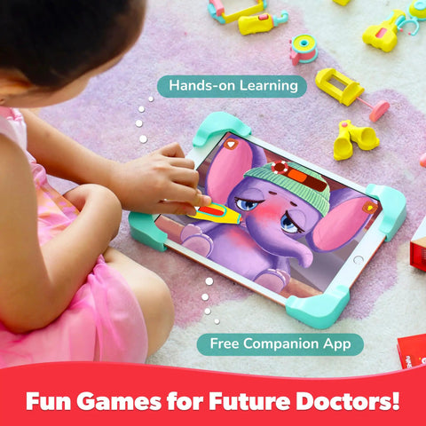 Tech Powered Doctor Kit For Kids Tacto Doctor Interactive Pretend Playset With 12 Tools And 3 Games STEM Learning Toy For Ages 4 To 10 Roleplay Gift For Boys And Girls Tablet Not Included, child using tablet clinic game