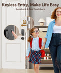 Dead Simple Keyless Entry Door Lock With Knob Set In Classic Oil Rubbed Bronze shown with auto lock feature and family use.