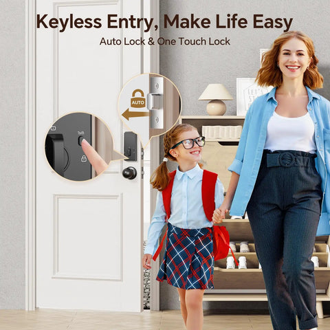Dead Simple Keyless Entry Door Lock With Knob Set In Classic Oil Rubbed Bronze shown with auto lock feature and family use.