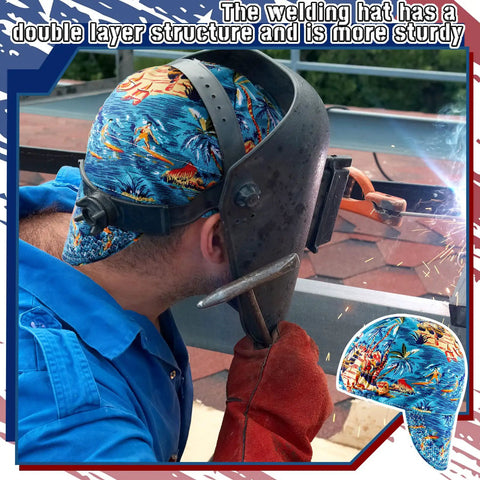 Man welding in blue shirt wearing 4 Pack Flame Resistant Welding Caps For Men And Women, Cotton Mesh Sweat Absorbing Welding Hats That Fit Most Helmets, Welders Caps Set For Electricians And Gas Station Pros, Classic Style
