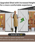 Woman with shovel by open rugged metal storage shed, sloping roof, showing interior organization, weatherproof galvanized steel build.