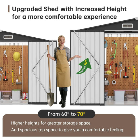 Woman with shovel by open rugged metal storage shed, sloping roof, showing interior organization, weatherproof galvanized steel build.