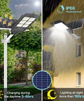 Heavy Duty Solar Security Flood Lights With Hella Bright Motion Sensor and Rock Solid Dusk To Dawn Operation IP66 Weatherproof mount charging and illuminating in rain.